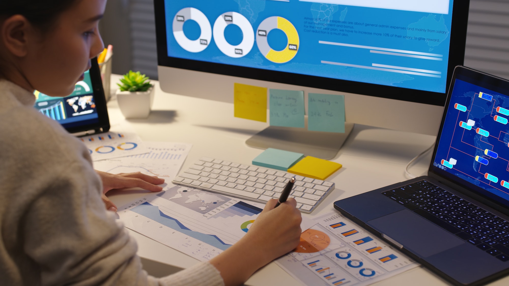 Asia people MBA college woman work busy at late night home office online study